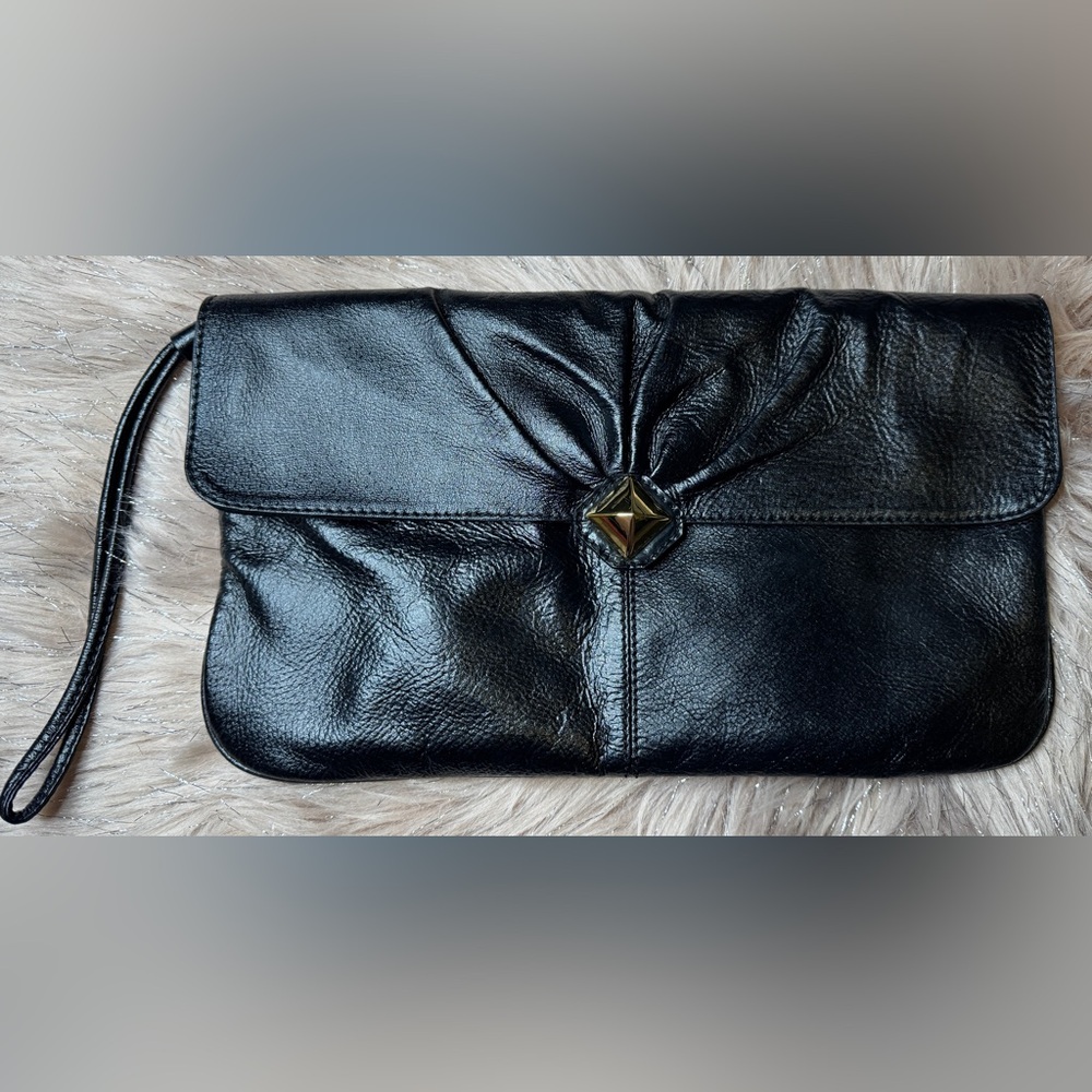 Franchi Collection Black Leather Clutch with Gold Stud Accent.